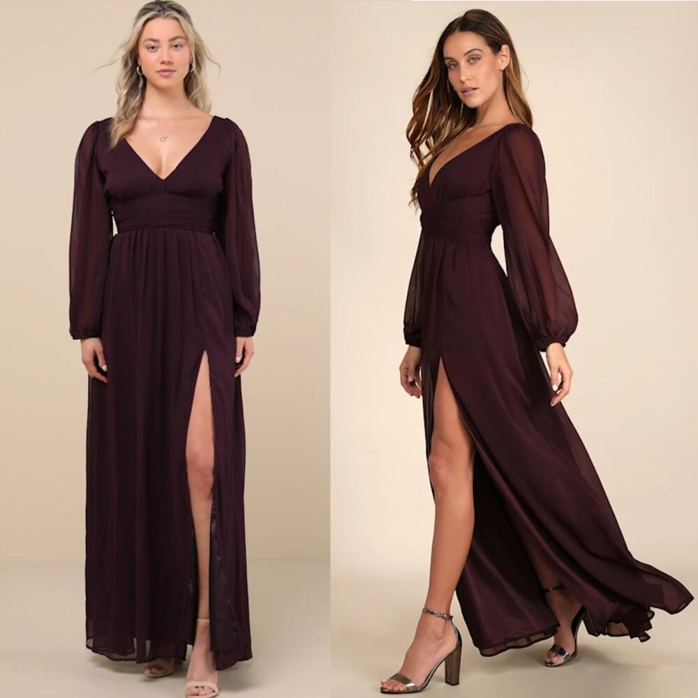 NWOT Lulus Enchant My Love Dark Purple V-Neck Long Sleeve Maxi Dress Size L